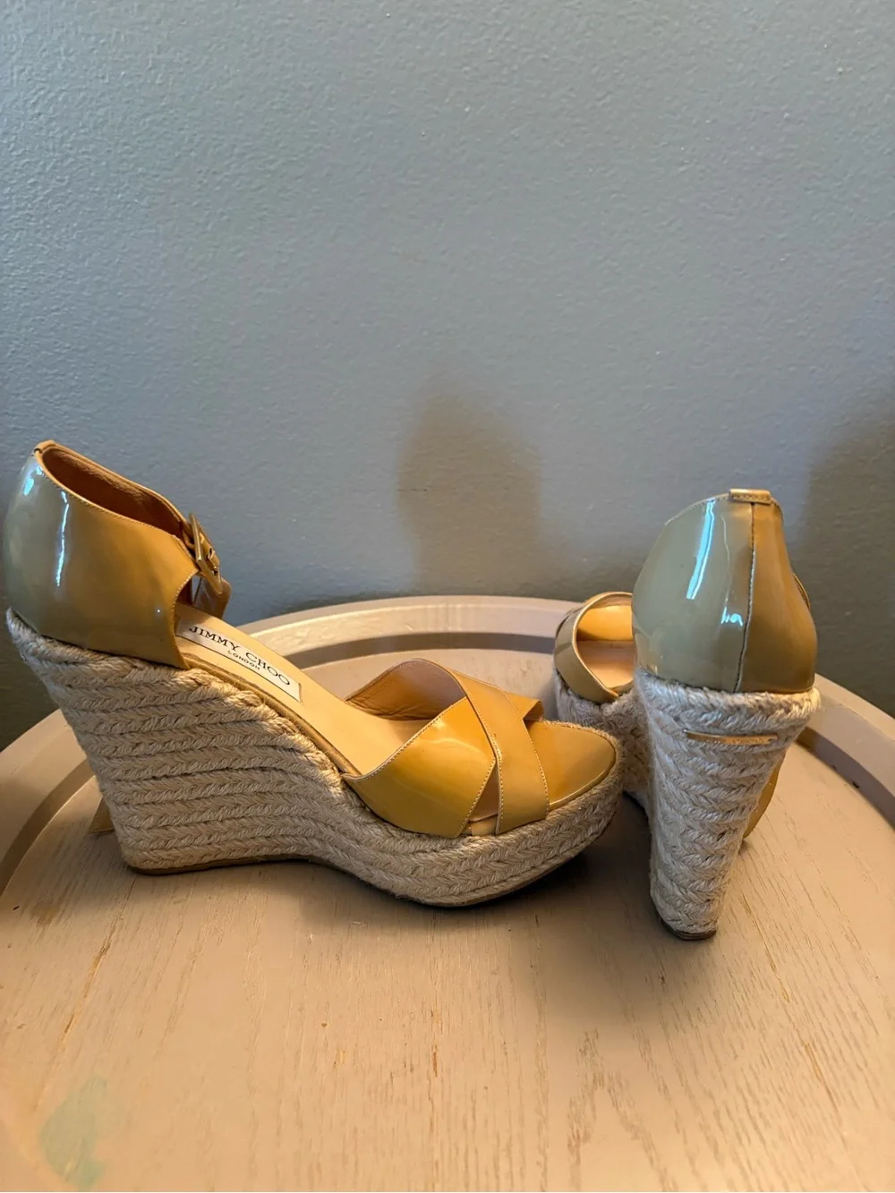 Jimmy Choo Yellow Patent Espadrille Wedge Sandals with Ankle Buckle